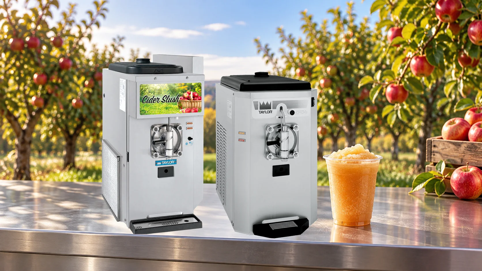 Taylor 428 and 430 cider slush equipment with frozen cider beverage in an orchard setting